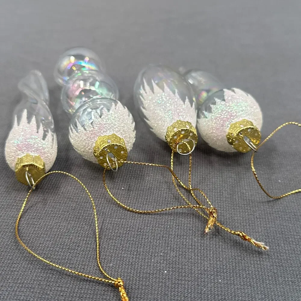 VTG Blown Glass Icicle Christmas Ornaments Clear Iridescent Glitter 4 pc Glam